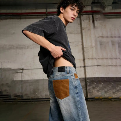 Jeans de pierna recta con parches azules vintage de verano 2026 para hombre, pantalones vaqueros casuales americanos con bolsillos marrones, estilo Y2K, streetwear