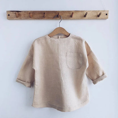 Camisa de lino para niño, camisetas de manga larga de algodón y lino de cuello redondo de estilo rústico con bolsillo, color liso, novedad de primavera, TZ410
