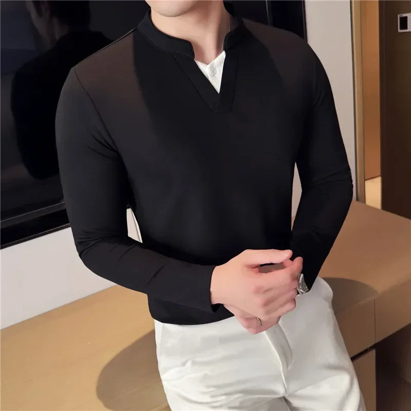 Camiseta elástica falsa de 2 piezas con empalme a la moda coreana, camiseta básica de manga larga con cuello en V ajustada para hombre, camisetas versátiles de Color sólido