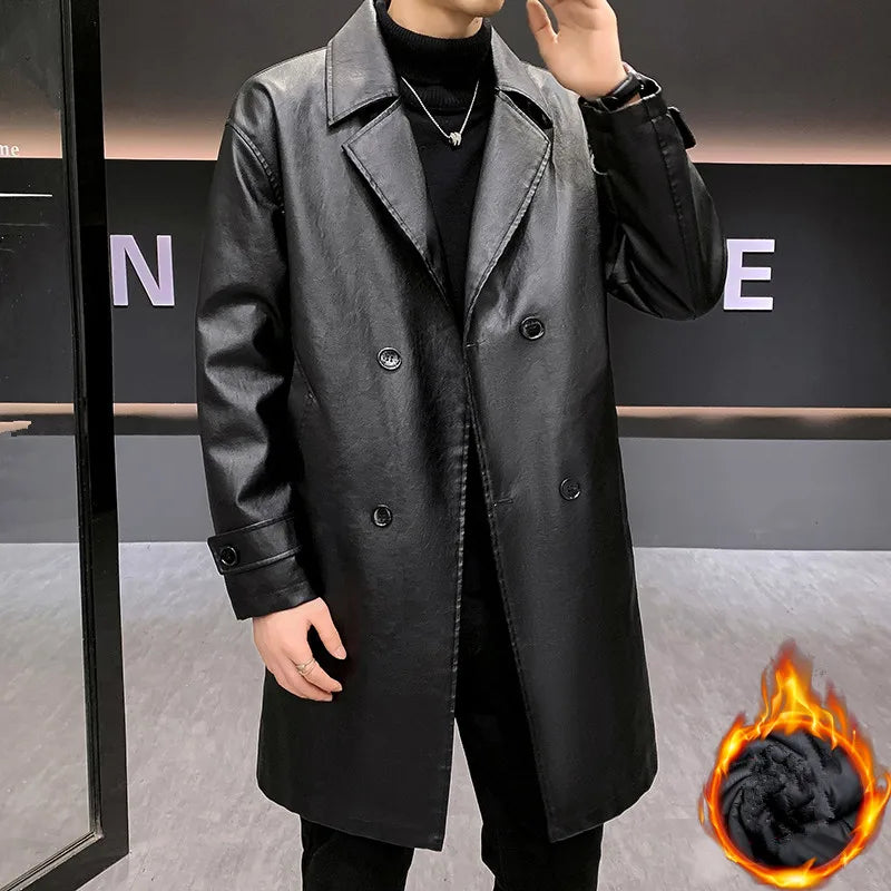 Chaquetas de cuero largas y gruesas para hombre, gabardinas de PU con cuello vuelto sólido, chaqueta de cuero informal de negocios cálida, cortavientos para hombre