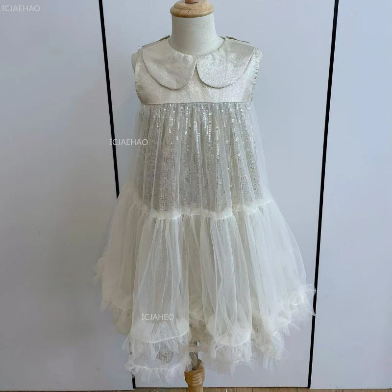 Nuevo vestido de fiesta para niñas, vestido de princesa de tul sin mangas con cuello Peter Pan para actuaciones de Piano, banquete, desfile Formal