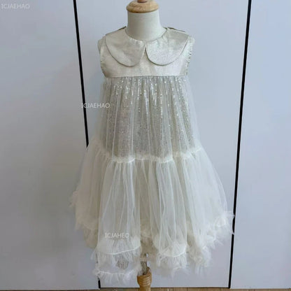 Nuevo vestido de fiesta para niñas, vestido de princesa de tul sin mangas con cuello Peter Pan para actuaciones de Piano, banquete, desfile Formal