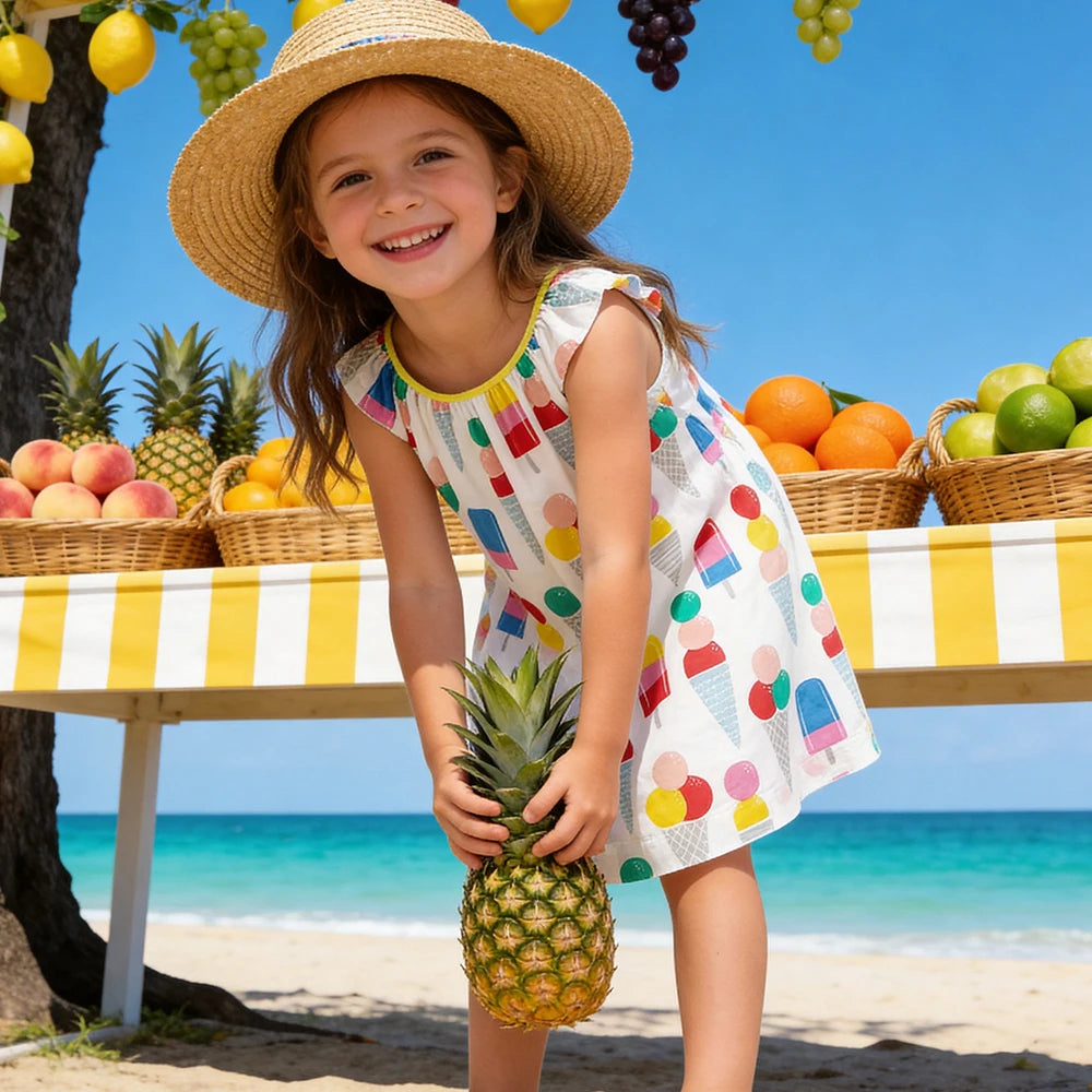 VIKITA-camisola con tirantes para niña, vestido sin mangas con estampado de helado, manga acampanada, ropa de verano