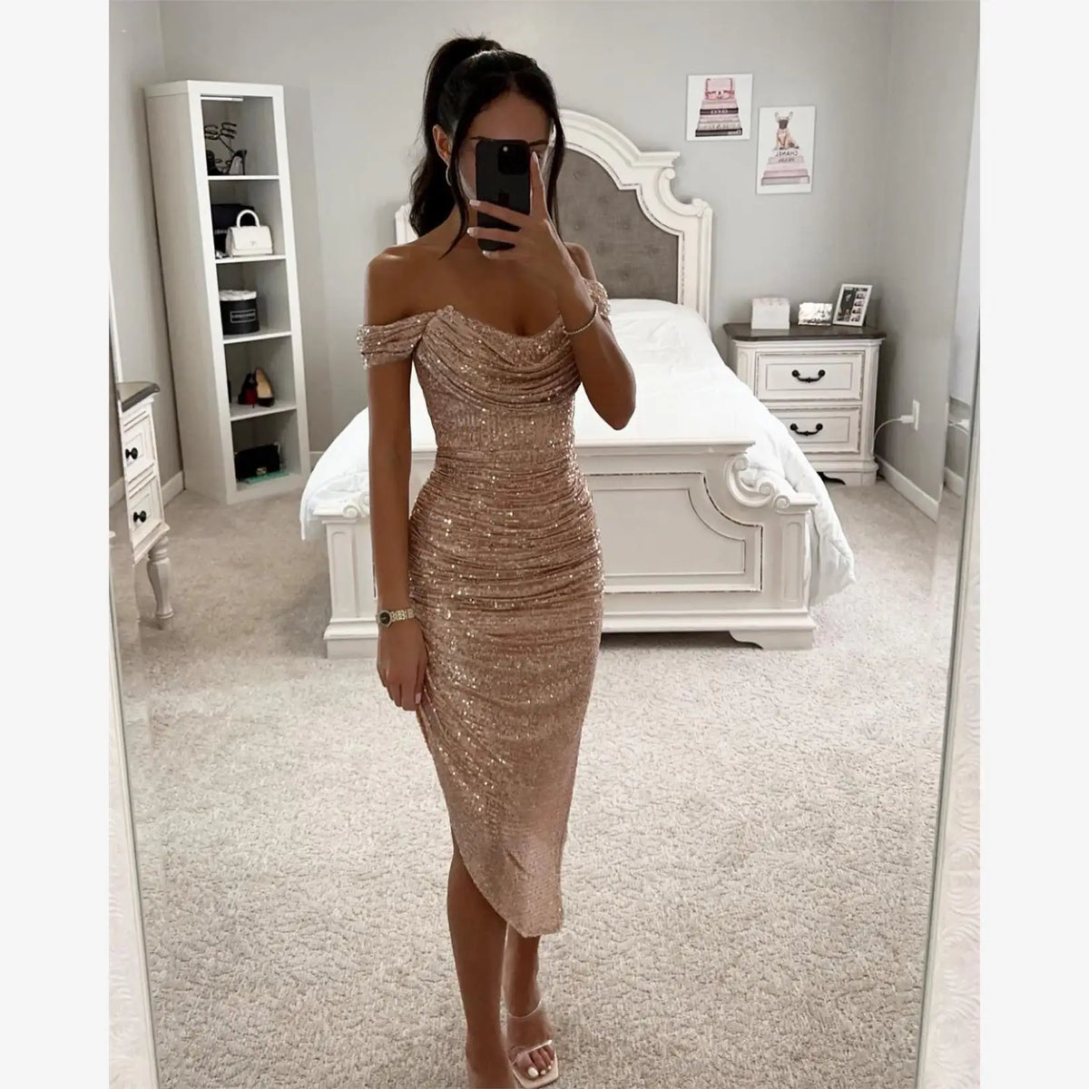 Vestido de fiesta de lentejuelas brillantes con un solo hombro y cremallera, vestido de noche de cintura media con falda larg...