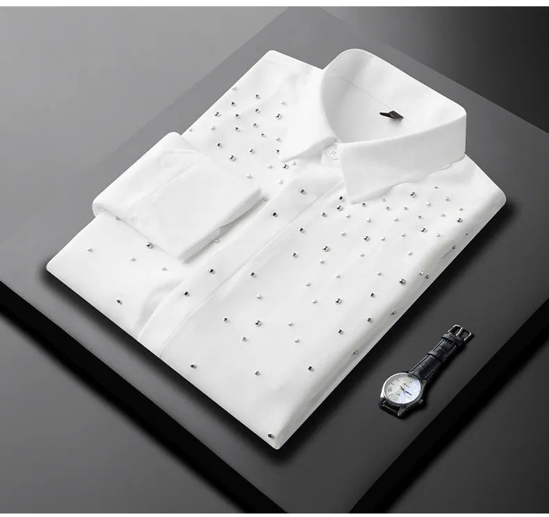 Camisa de Manga Larga Decorada con Pedrería para Hombre, Camisa de Vestir para Banquetes y Fiestas, Camisa Casual de Negocios, Camisa Masculina