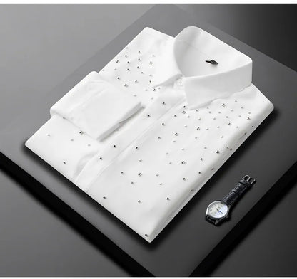 Camisa de Manga Larga Decorada con Pedrería para Hombre, Camisa de Vestir para Banquetes y Fiestas, Camisa Casual de Negocios, Camisa Masculina