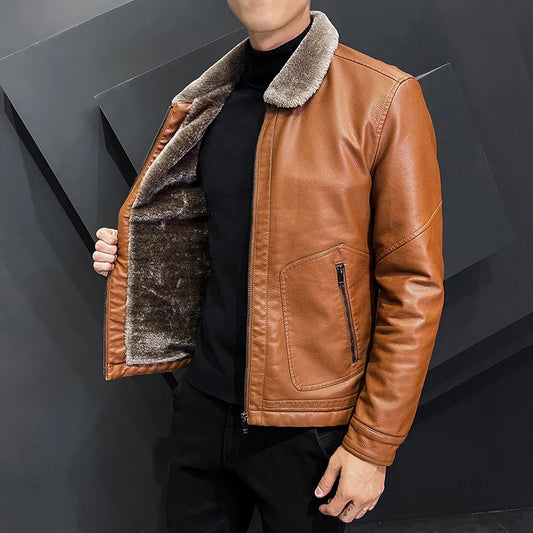 Chaqueta de Cuero para Hombre, Estilo Bomber, con Cierre y Solapa, Diseño Grueso y Cálido para Invierno 2026, Tallas M-4XL