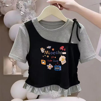Camiseta de Manga Corta para Niñas, Algodón Puro, Dobladillo con Volantes, Estilo Corto, Verano, Casual, Ropa Infantil, Trans...