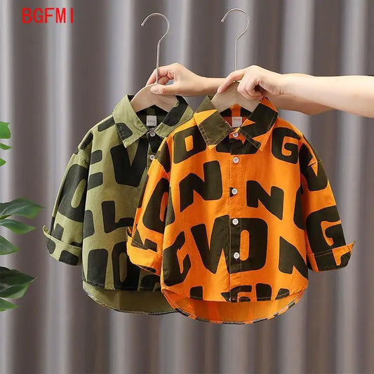 Camisas holgadas de algodón para niños y niñas, Tops de manga larga con cuello vuelto y botones, estampado de letras, 2 colores, primavera y otoño, 2-10 años