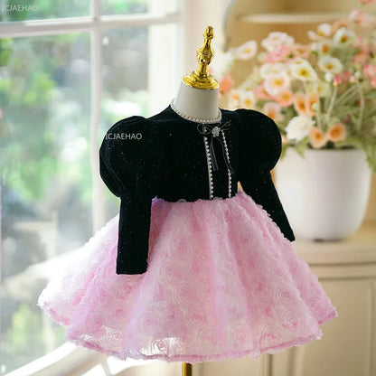 Vestido de novia de niña de flores de manga larga para niños, vestido de princesa para 1er cumpleaños, Piano, Recital, fiesta de cumpleaños, ropa Formal