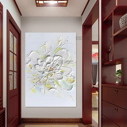Cuadro de pared de gran tamaño con textura y diseño de flor blanca, pintura acrílica sobre lienzo, arte decorativo de lujo hecho a mano para el hogar + Paquete Switch In Art completo