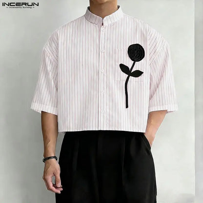 INCERUN-Camiseta para hombre con cuello alto y manga corta, Tops cortos a rayas con diseño de patchwork, ropa informal de verano holgada, ropa de moda para hombre 2026