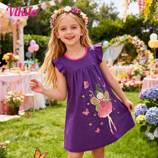 Vestido Morado con Estampado de Hadas y Mangas con Volantes para Niñas, Vestido Elegante de Algodón con Mariposas Brillantes para la Escuela, Fiestas y Uso Diario