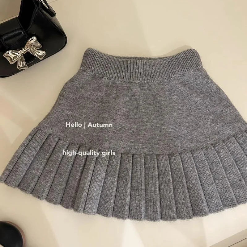 Conjunto para niñas 2025, Otoño Invierno, nuevo suéter gris de punto de manga larga, Falda plisada, conjunto de dos piezas para bebé a la moda