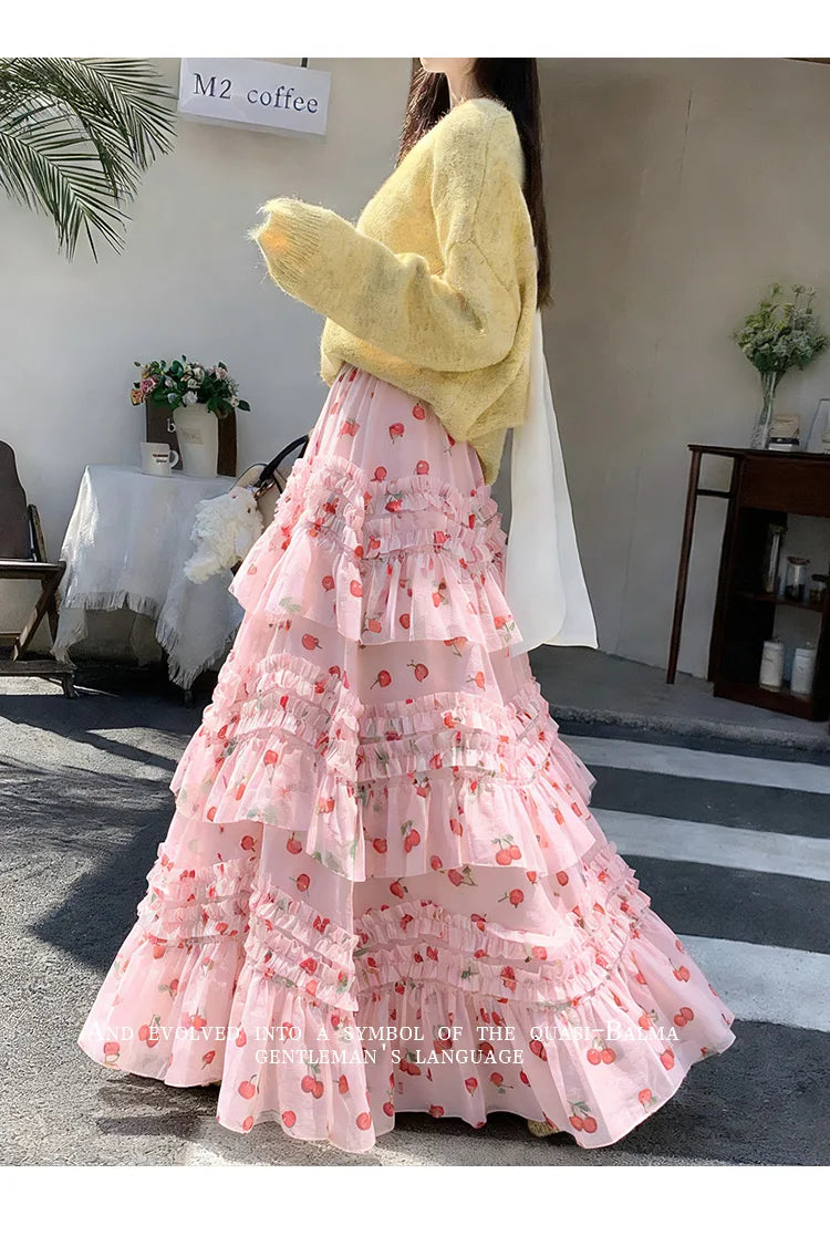 Primavera Verano 2026 Falda Larga de Tul Estampada de Cintura Alta con Empalmes Asimétricos, Falda de Pastel Colorida, Estilo...