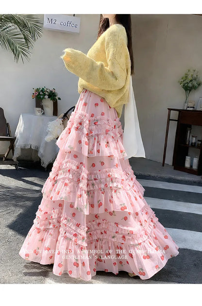 Primavera Verano 2026 Falda Larga de Tul Estampada de Cintura Alta con Empalmes Asimétricos, Falda de Pastel Colorida, Estilo...