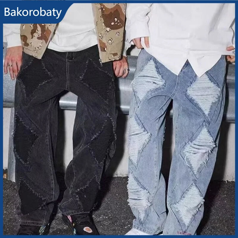 Pantalones Vaqueros Anchos Rotos de Moda Urbana para Hombre, Estilo Americano Casual Retro, Pierna Recta, Denim, Hip Hop, Desgastados, Y2K