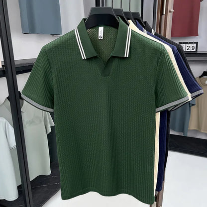 Nueva Camiseta Polo de Verano para Hombre |   Cuello en V con Rayas |   Camiseta de Manga Corta, Transpirable y Ajustada