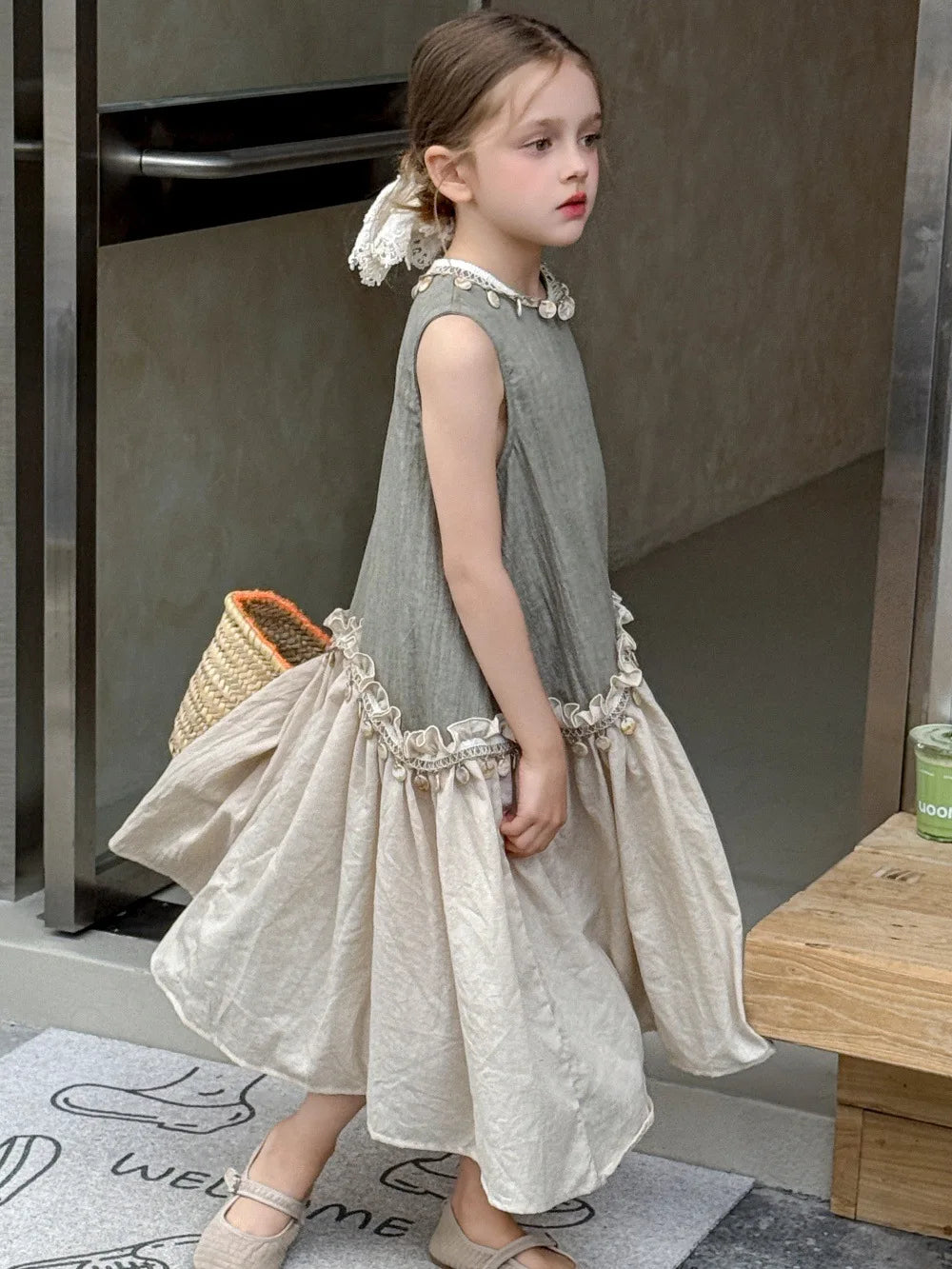 Dulce vestido para niñas verano 2025 nueva moda para niños temperamento Color contrastante vestido bohemio tendencia