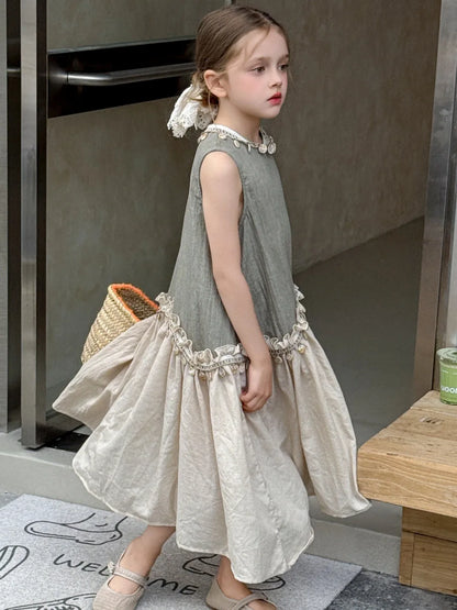 Dulce vestido para niñas verano 2025 nueva moda para niños temperamento Color contrastante vestido bohemio tendencia