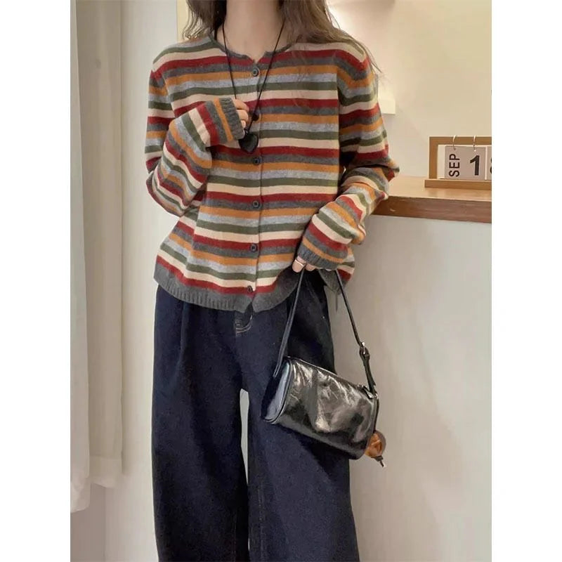Cárdigan de punto a rayas de Color de manga larga con cuello redondo para mujer en otoño nueva chaqueta suéter de moda y de moda