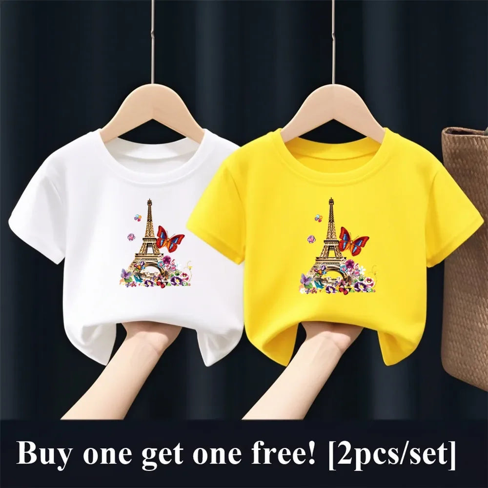 2 unids/pack niñas París Torre Eiffel mariposa estampado gráfico camiseta niños manga corta hermana traje a juego amigo fiesta Tops