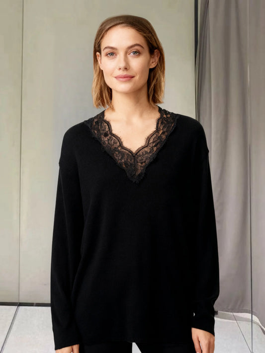 Suéter de Punto con Cuello en V y Manga Larga para Mujer, Estilo Urbano, Moda de Invierno, Top de Mujer con Detalles de Encaje