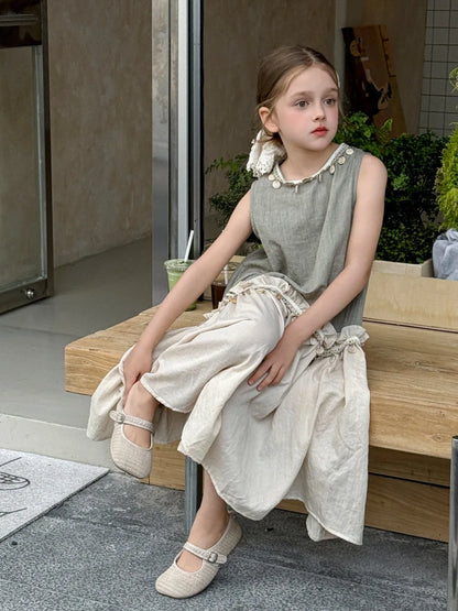Dulce vestido para niñas verano 2025 nueva moda para niños temperamento Color contrastante vestido bohemio tendencia