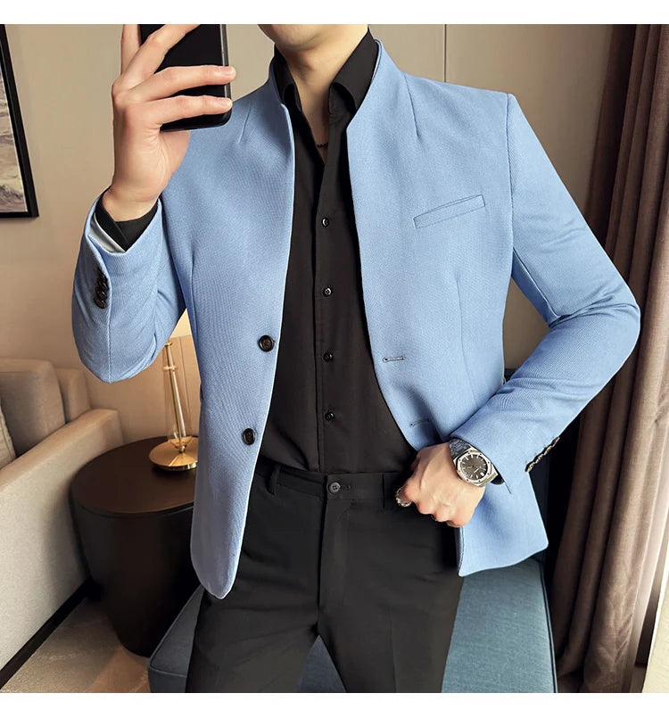 Chaqueta de traje con cuello levantado de alta calidad para hombre, chaquetas de negocios informales, abrigo coreano con gofres para boda, novio, banquete, vestido de fiesta, 2025
