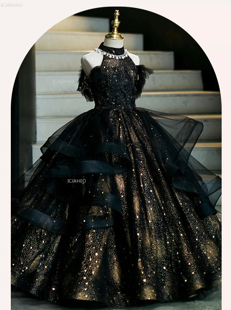 Vestido de fiesta de cumpleaños negro para niñas, vestido de princesa de tul hinchado para actuaciones de Piano, vestidos de desfile de desfile de moda