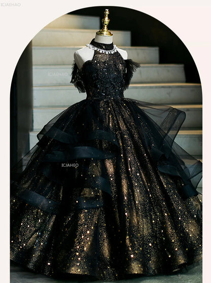 Vestido de fiesta de cumpleaños negro para niñas, vestido de princesa de tul hinchado para actuaciones de Piano, vestidos de desfile de desfile de moda