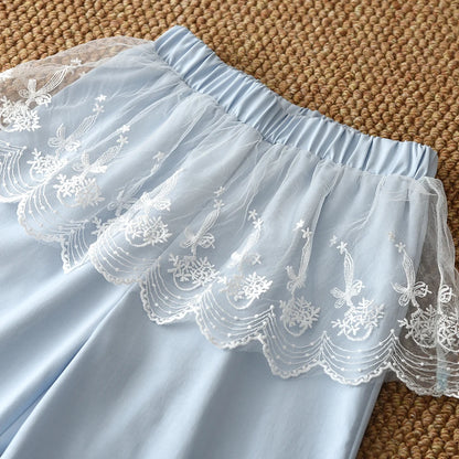 Conjunto Casual Azul Dulce y Lindo Estilo Coreano con Top de Tirantes de Encaje y Pantalones Anchos de Dos Piezas para Niñas de 3 a 7 Años para el Verano