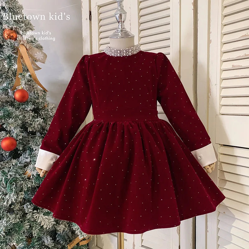 Vestido de Terciopelo Brillante para Niñas, Edición Primavera Otoño Invierno 2026, Vestido de Princesa con Cuello de Perlas