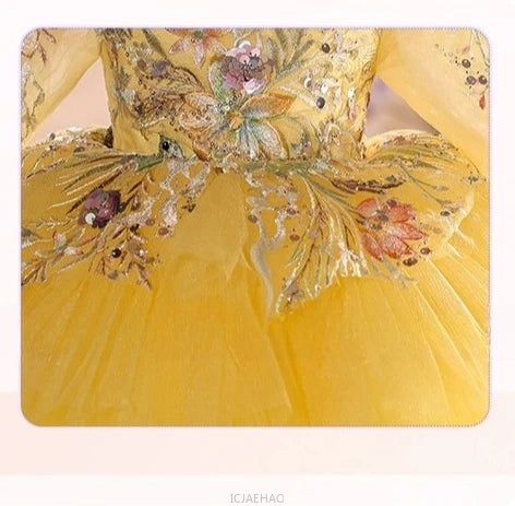 2025 Vestido de fiesta Vestido niños niñas vestidos de novia amarillos disfraz niños flor niña desfile Piano actuación tutú traje