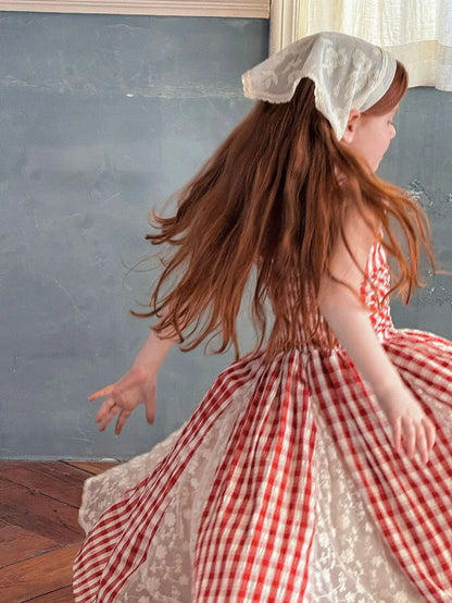 NOVEDAD DE VERANO 2025 vestido largo de hadas para niñas vestido de tirantes de encaje empalmado de encaje a cuadros rojo francés