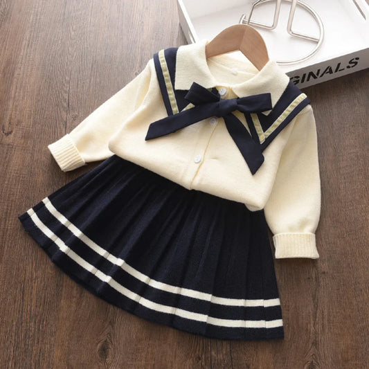Conjunto de cárdigan de punto con lazo y cuello para invierno, suéter con lazo y falda plisada, ropa para estudiantes, ropa para niñas
