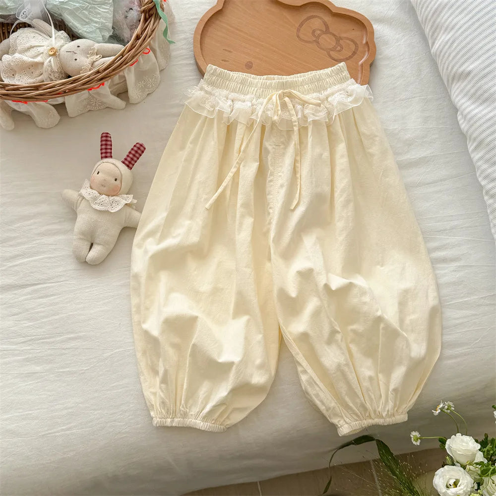 Pantalones informales finos para niñas, novedad de verano, pantalones con cordón de encaje para niños, pantalones de fondo coreanos