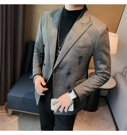 Chaqueta de ante con botones de doble botonadura para hombre, traje de negocios informal, ropa de calle Social, otoño e invierno, 2023