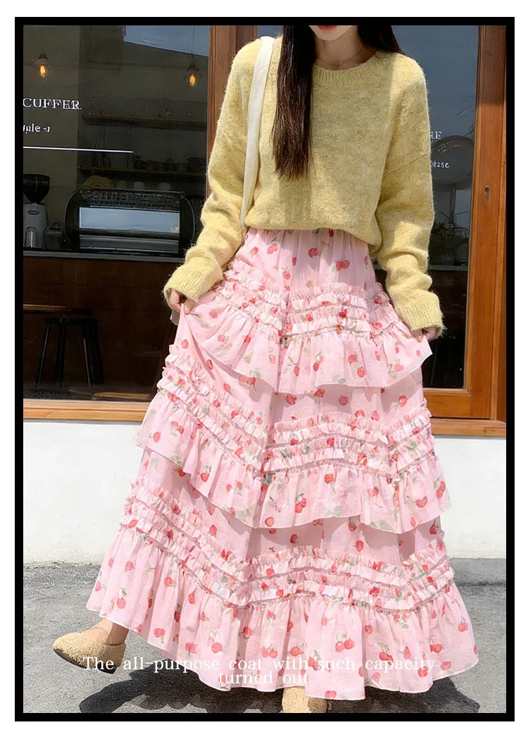 Primavera Verano 2026 Falda Larga de Tul Estampada de Cintura Alta con Empalmes Asimétricos, Falda de Pastel Colorida, Estilo...