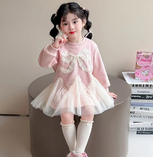Vestido de Manga Larga para Niñas, Primavera 2026, Nuevo Diseño Francés Dulce, Vestido con Malla, Vestido de Princesa para Niñas