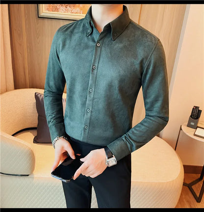 Camisa de ante de alta calidad para hombre, camisas de negocios informales de manga larga para otoño e invierno, blusa de esmoquin para fiesta Social, ropa para hombre 2023