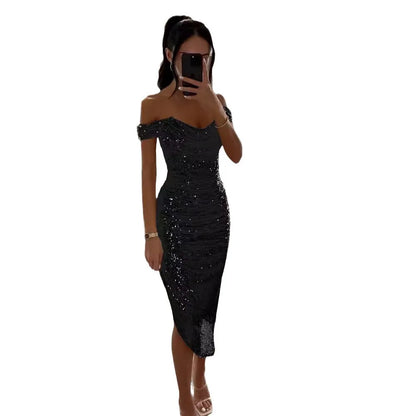Vestido de fiesta de lentejuelas brillantes con un solo hombro y cremallera, vestido de noche de cintura media con falda larg...