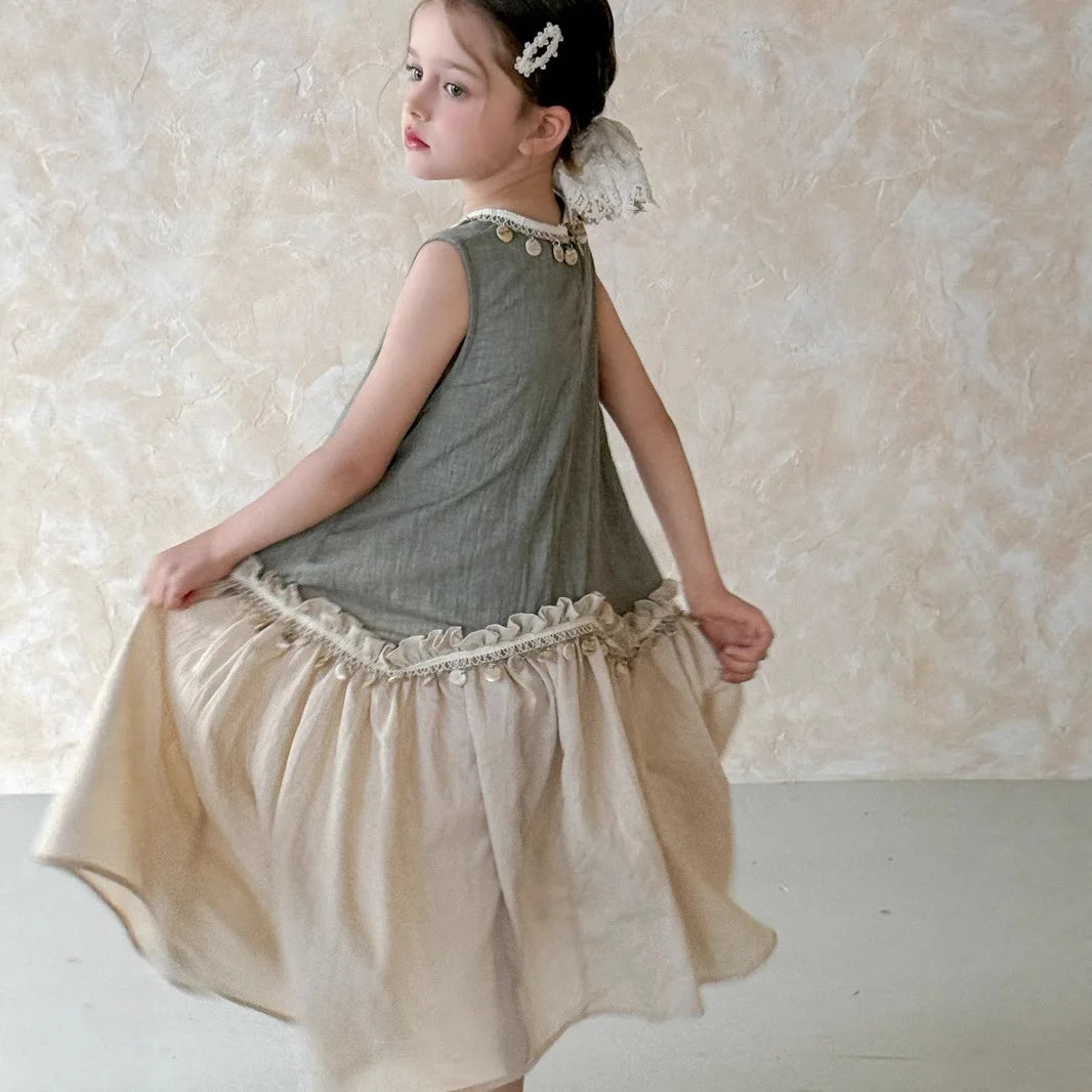 Dulce vestido para niñas verano 2025 nueva moda para niños temperamento Color contrastante vestido bohemio tendencia