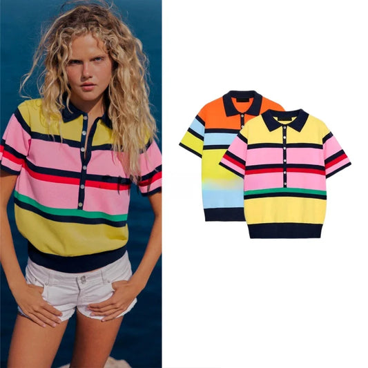 Nueva Camiseta  de Verano para Mujer, Estilo Casual, Manga Corta, Cuello con Bloques de Color, Tejido a Rayas, Corte Holg...