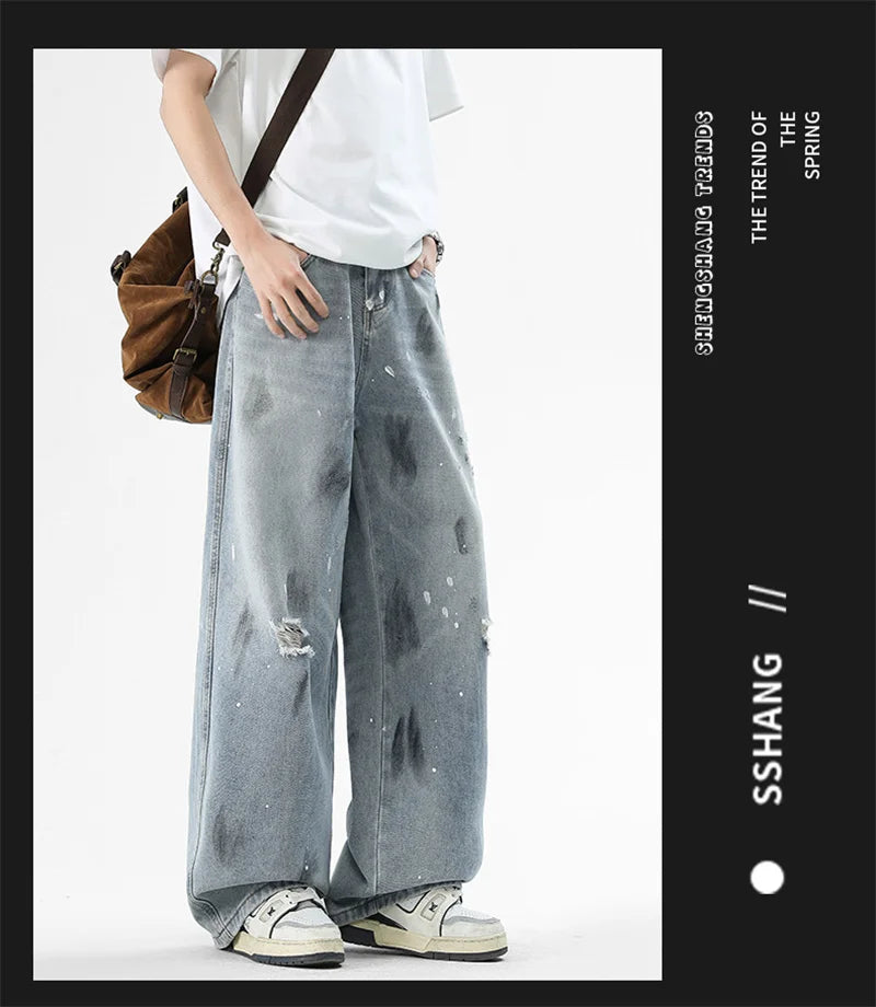 Pantalones vaqueros de pierna recta holgados rasgados de otoño para hombre, moda Hip Hop, pantalones vaqueros con estampado de grafiti, ropa de calle informal Y2K, pantalones vaqueros