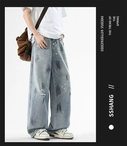 Pantalones vaqueros de pierna recta holgados rasgados de otoño para hombre, moda Hip Hop, pantalones vaqueros con estampado de grafiti, ropa de calle informal Y2K, pantalones vaqueros