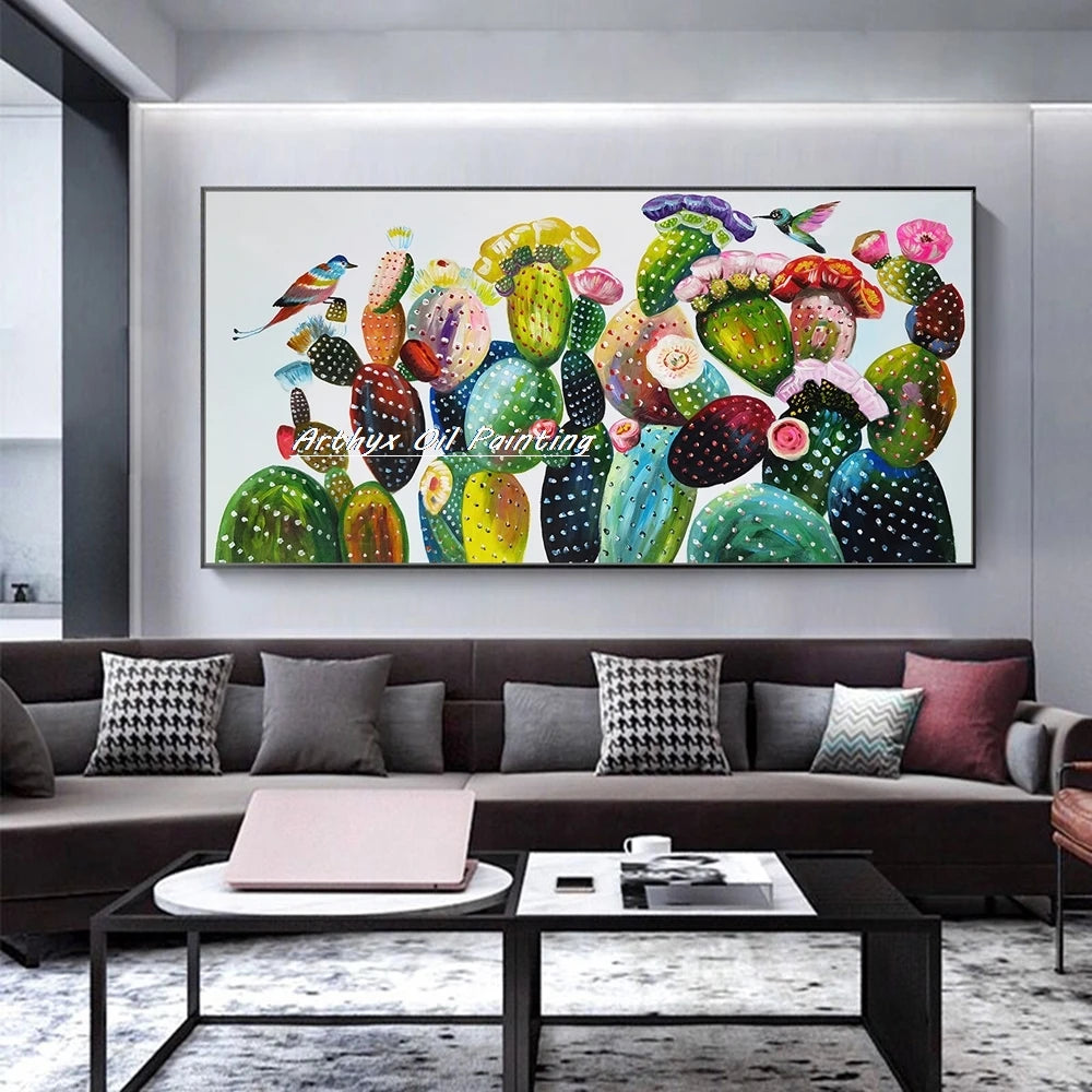 Arthyx, pintura al óleo de flores de cactus pintada a mano sobre lienzo, decoración moderna para el hogar, cuadro abstracto grande para pared, decoración para sala de estar(paquete SWITCH IN ART completo)