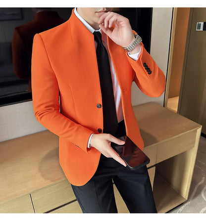 Chaqueta de traje con cuello levantado de alta calidad para hombre, chaquetas de negocios informales, abrigo coreano con gofres para boda, novio, banquete, vestido de fiesta, 2025