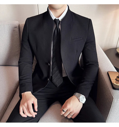 Chaqueta de traje con cuello levantado de alta calidad para hombre, chaquetas de negocios informales, abrigo coreano con gofres para boda, novio, banquete, vestido de fiesta, 2025