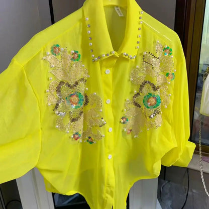 Blusas con Lentejuelas Brillantes y Bordados para Mujer, Chaquetas de Verano con Protección Solar, Ropa Coreana Popular